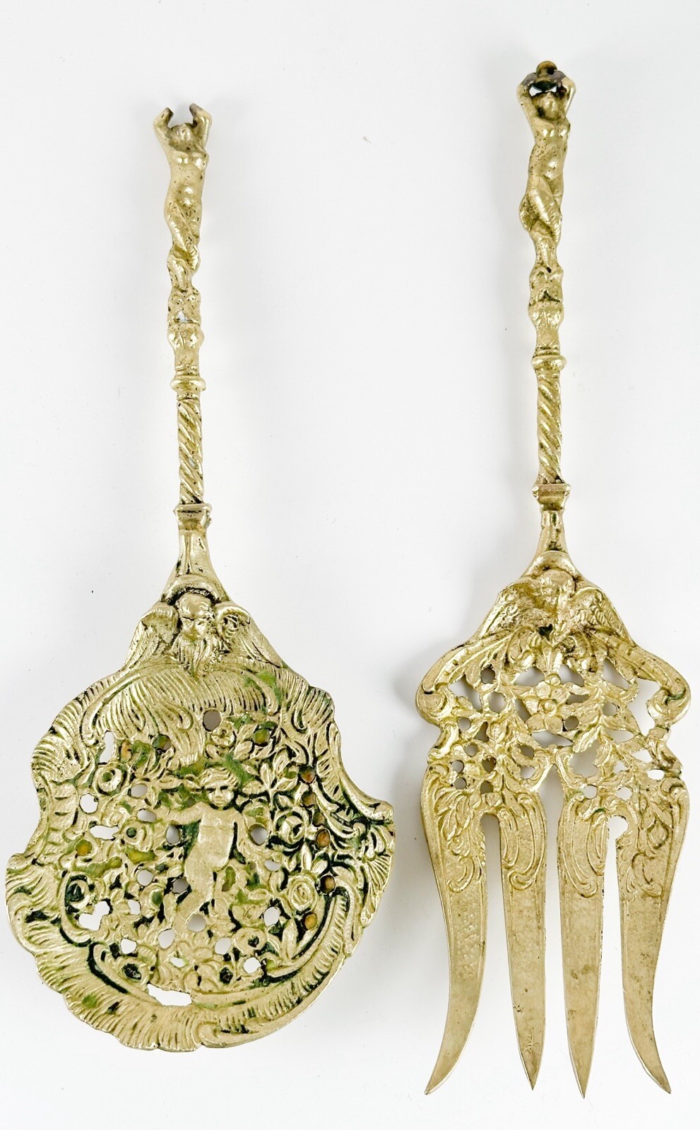 Vintage Italian Gilt Metal Figural Serving Fork & Spoon 8” Antique Ornate Cherub