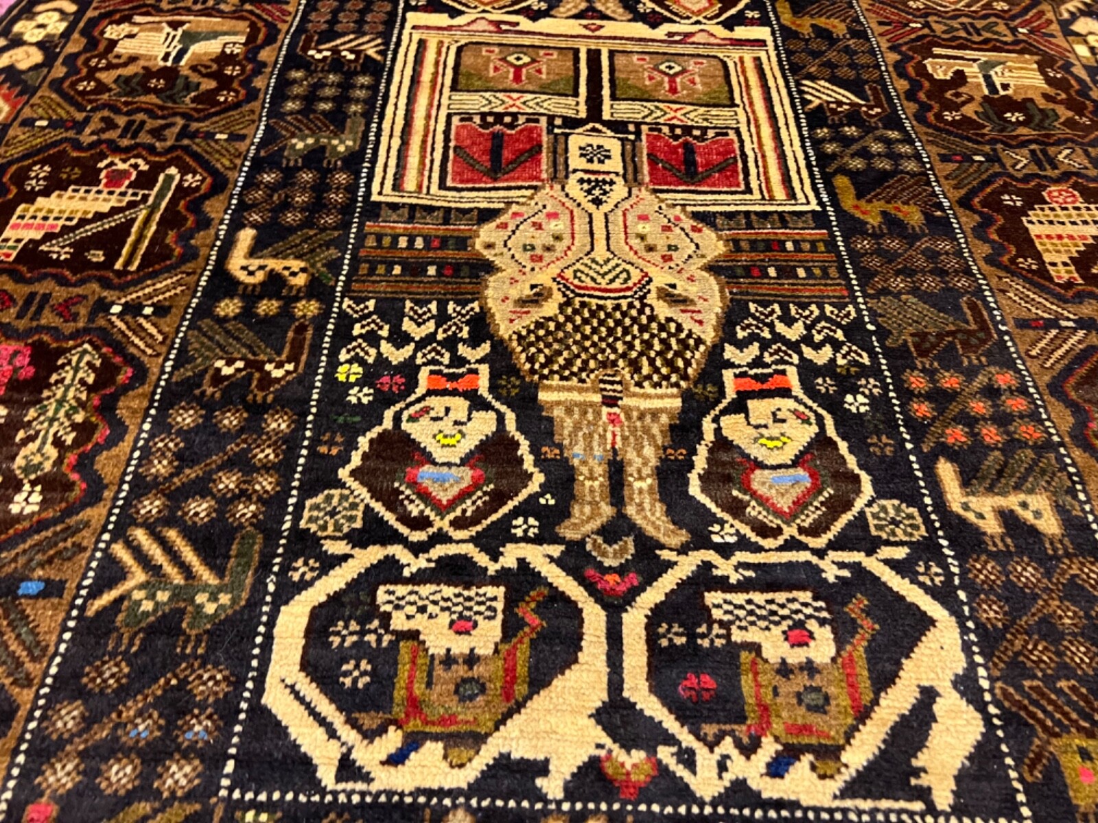 Vintage Stunning Natural Vegetable Dye Pictorial Tribal Belouch Nomad Carpet