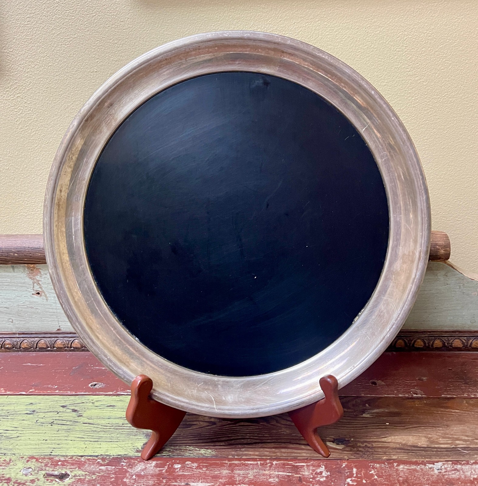 Vintage MCM Silverplate Bar Tray Black Insert 12″ Round Modern Classic Spare