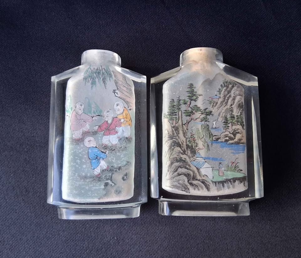2 Chinese Hand-Painted Glass Bottles