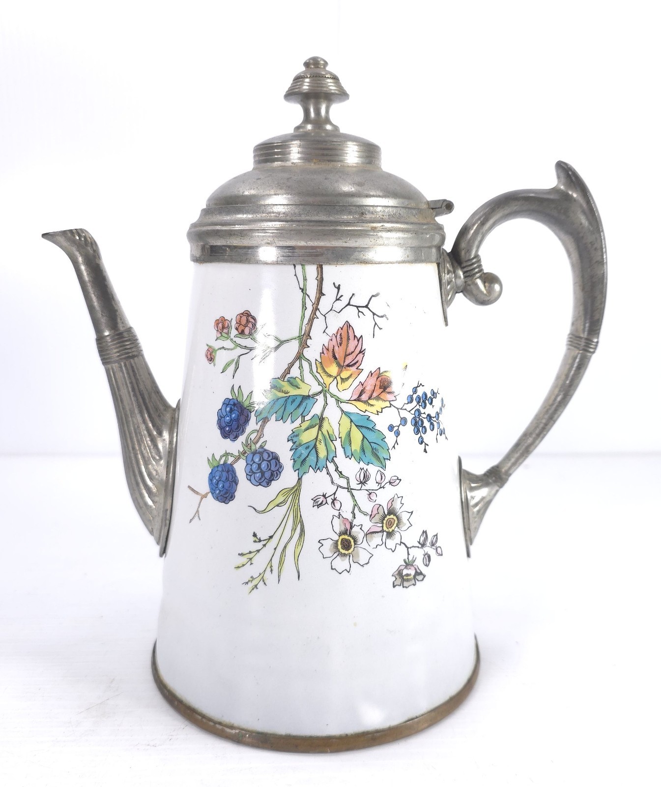 Antique MANNING & BOWMAN Enamel & Pewter Coffee Pot in Blackberry Pattern