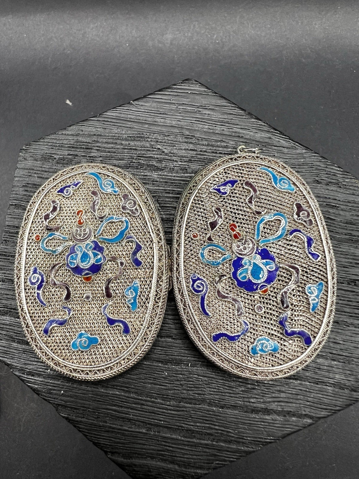 Chinese Export Sterling Silver Cloisonné Enamel Long Snuff Bottle Locket Pendant
