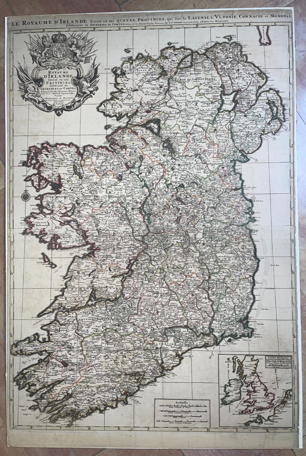 IRELAND 1692 NICOLAS SANSON/HUBERT JAILLOT ANTIQUE WALL MAP