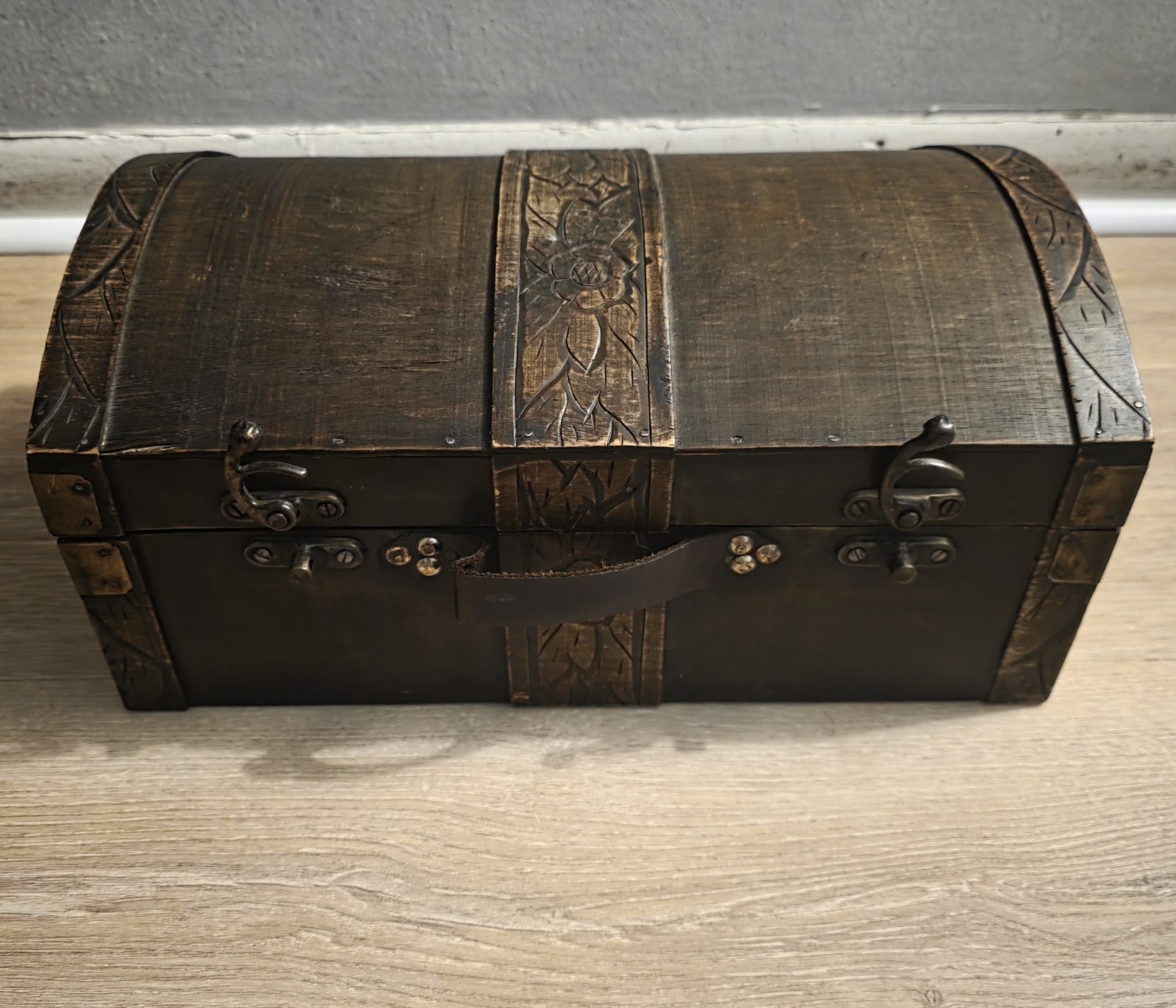 Antique Black Rectangular Wooden Trunk Chest, Hinged Lid, Lockable 14x9x7