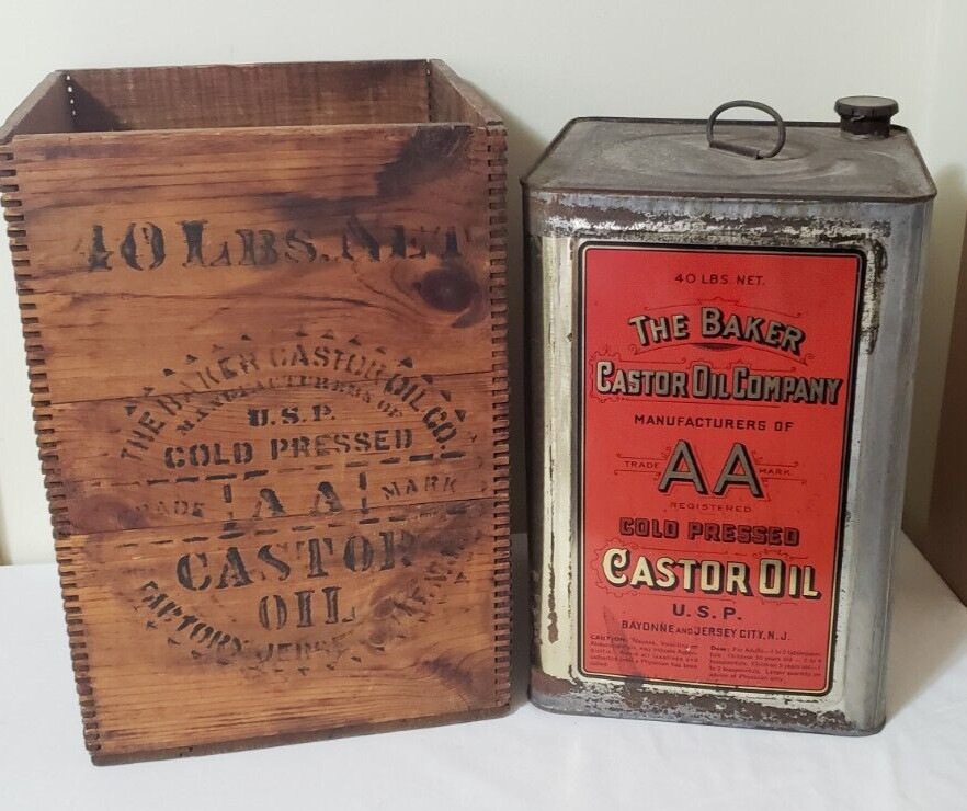 Antique Baker Castor Oil Can With Advertising Wood finger joints Box