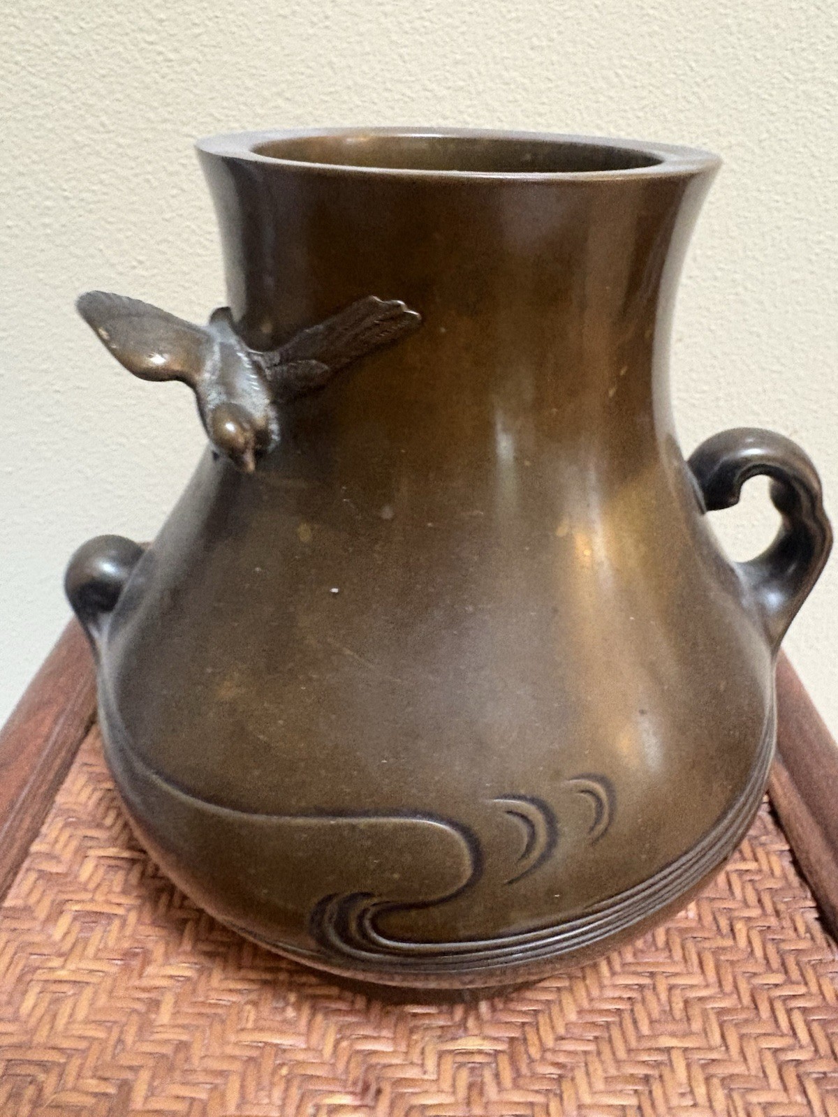 Japanese Bronze Ikebana Vase Bird Handles Heavy Art Nouveau Style Floral Vessel