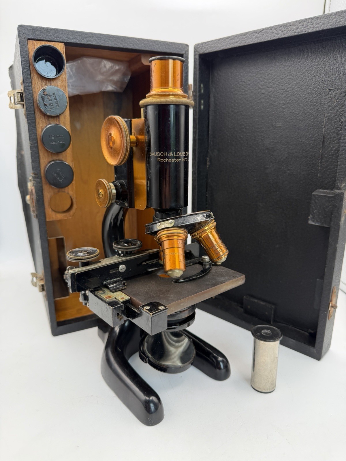 Bausch & Lomb Microscope 1915 Brass with Optics and Case Antique 16mm 4mm 1.9mm