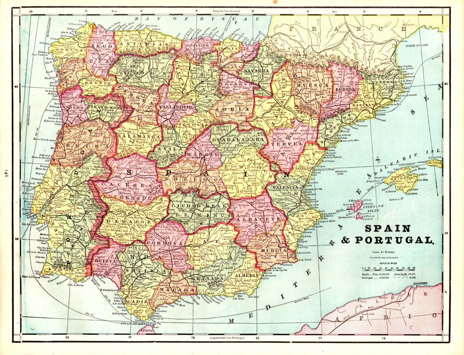 SPAIN & PORTUGAL Antique authentic map 1893