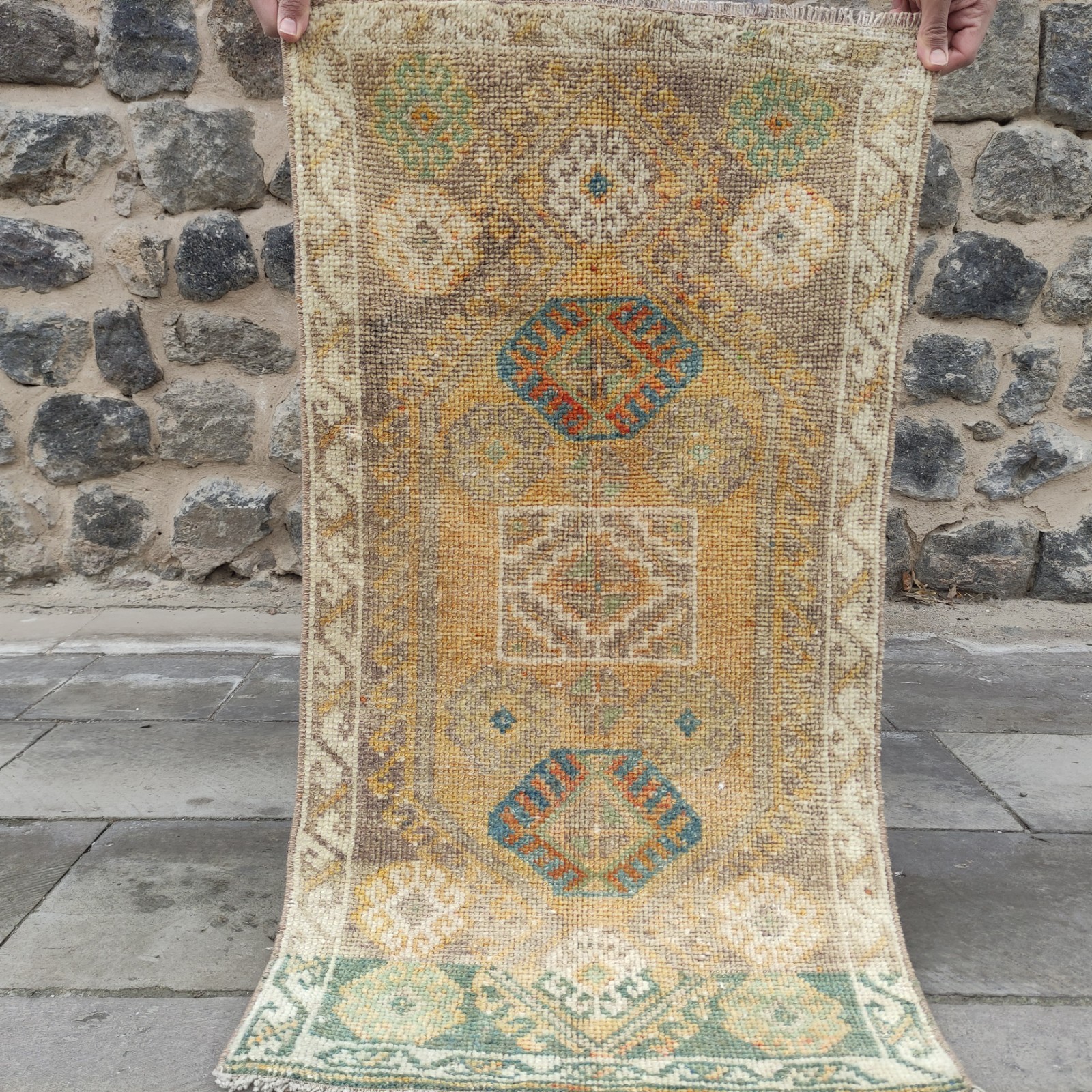 2×3 Turkish Vintage Small Rug 1.8 x 3.25 ft Handmade Wool Bath Mat (55 x 99 cm)