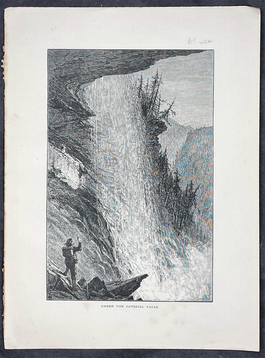 1874 Picturesque America Antique Print Under Catskill Falls, New York