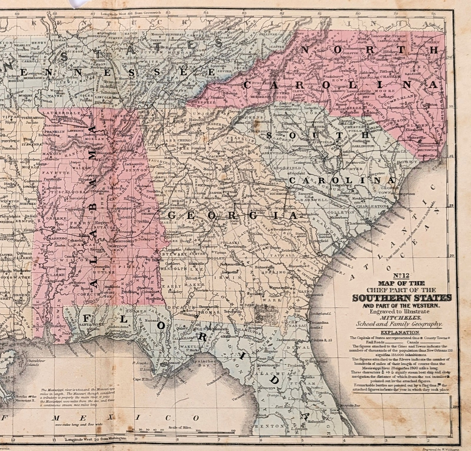 1852 SOUTHERN STATES Map ORIGINAL Georgia Tennessee Florida South Carolina