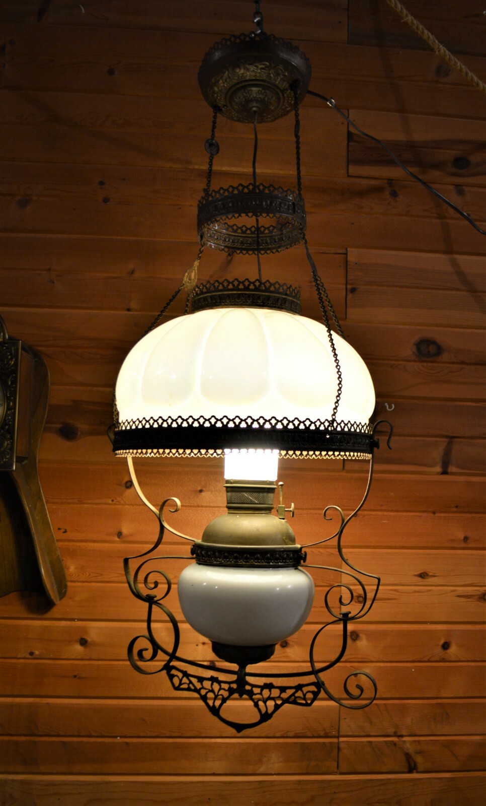 1890’s Victorian Pull Down Library Lamp Pearlescent Melon Shade Electric or Oil