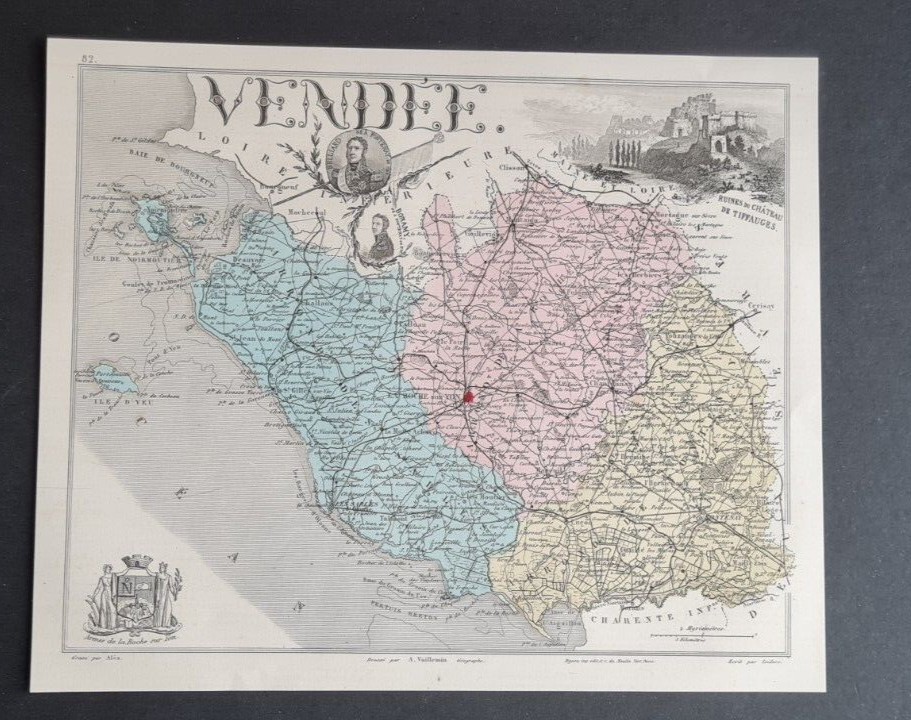 Antique (1882) map – Vendee – Chateau Tiffauges – Vuillemin