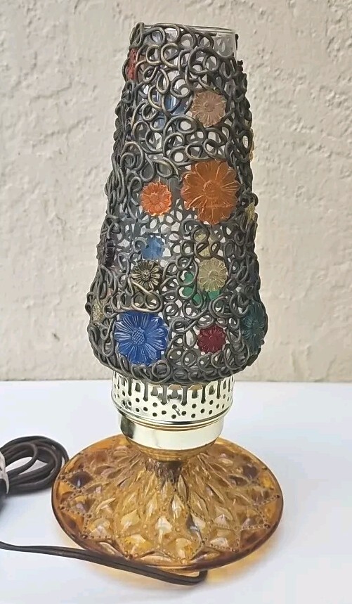 Vintage Mid Centurey Table Lamp, Orange Glass Base Metal Floral Glass Shade 12″