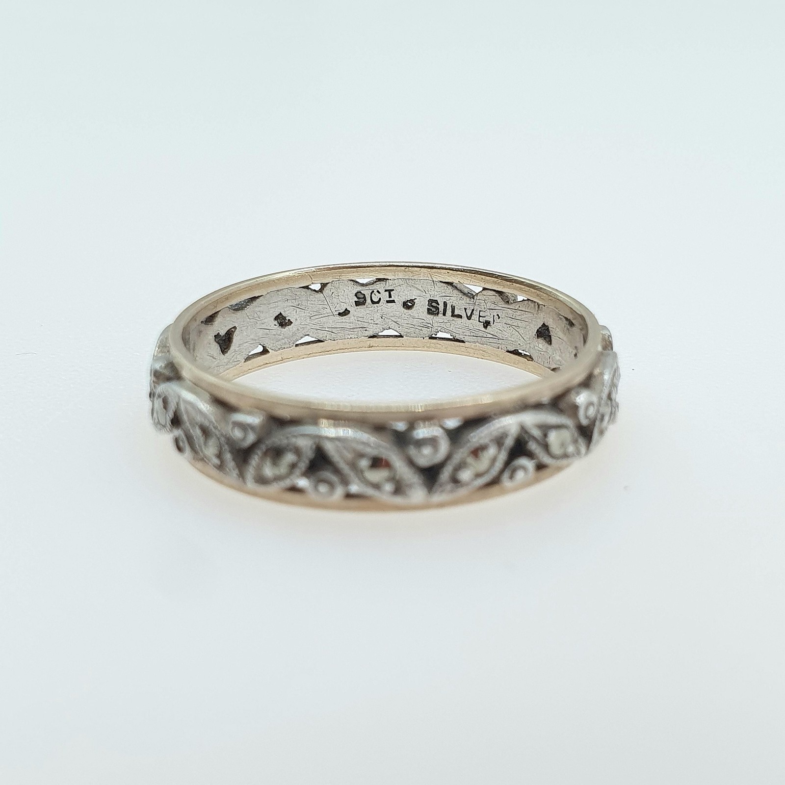 Antique 9ct Gold & Solid Silver Marcasite Eternity Ring Art Deco Leaf Style