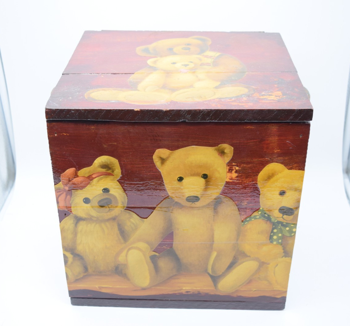 Vintage Wooden Toy Chest Cube Trunk Teddy Bear Decoupage Storage Box Kids Decor