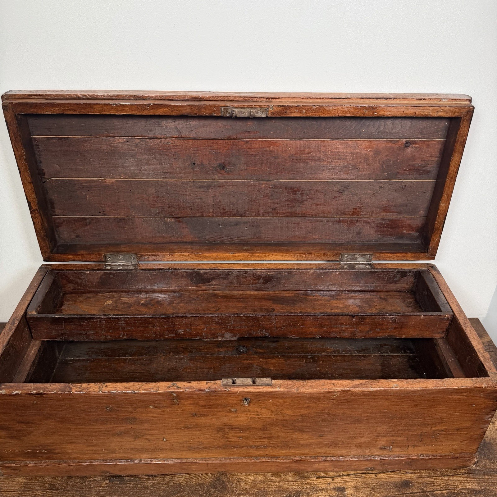Antique Primitive Wood Carpenters Trunk Chest Tool Box Seaman 32”x13”x11” VTG
