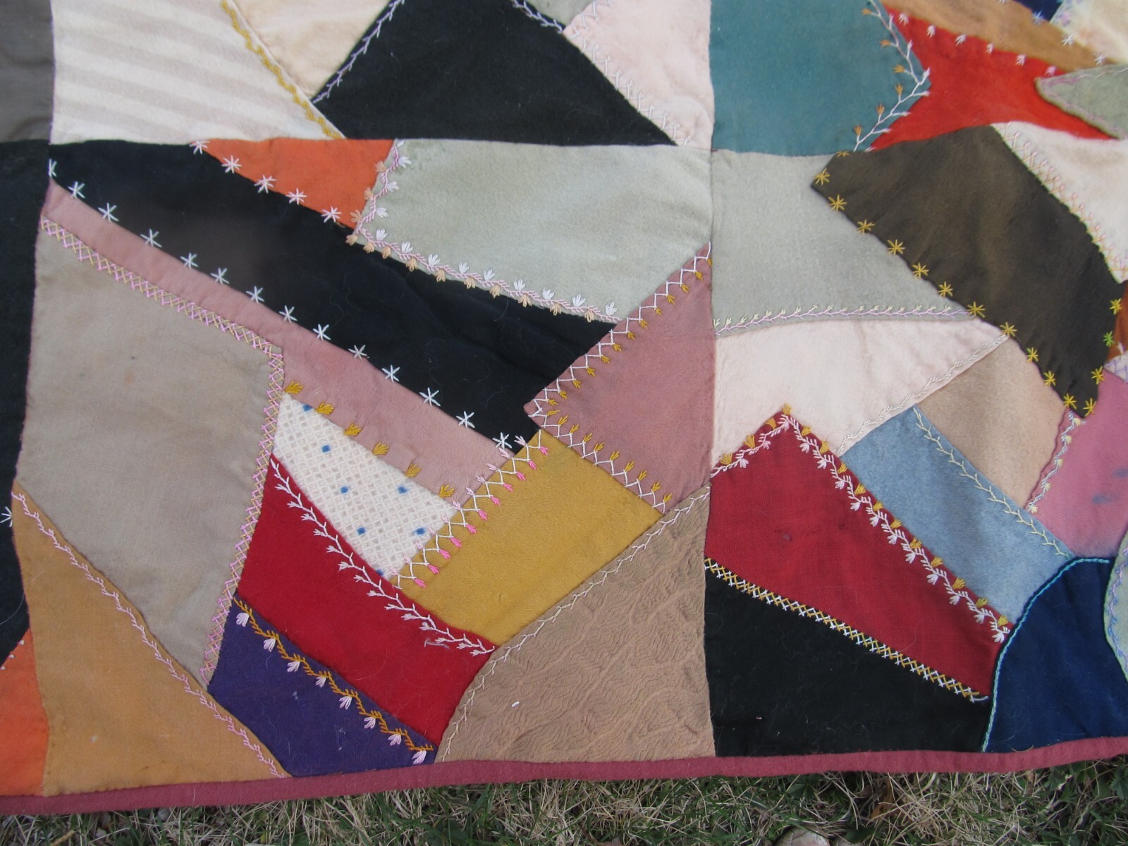 COLORFUL Antique Handmade Patchwork & HIGHLY EMBROIDERED “CRAZY” Quilt, 1890