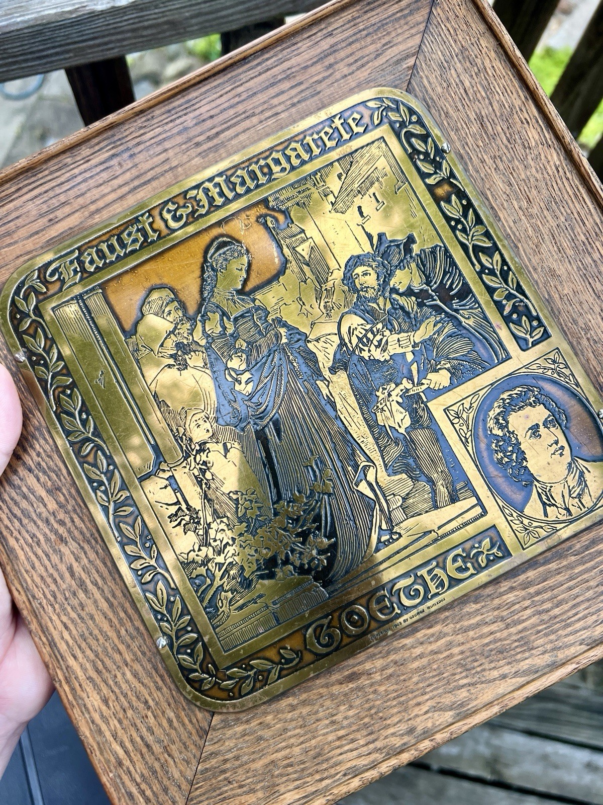 1900 Faust & Margarete Goethe Raised Relief Brass plaque And Oak Woof Antique