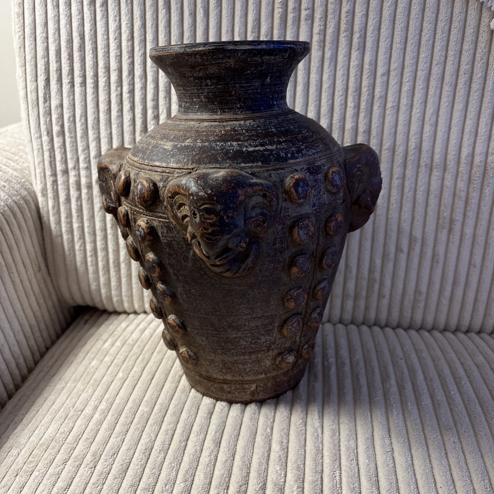 Vintage Asian 9.5” Tall Thai Rhyton Ceramic Pottery Elephant Vase Thailand