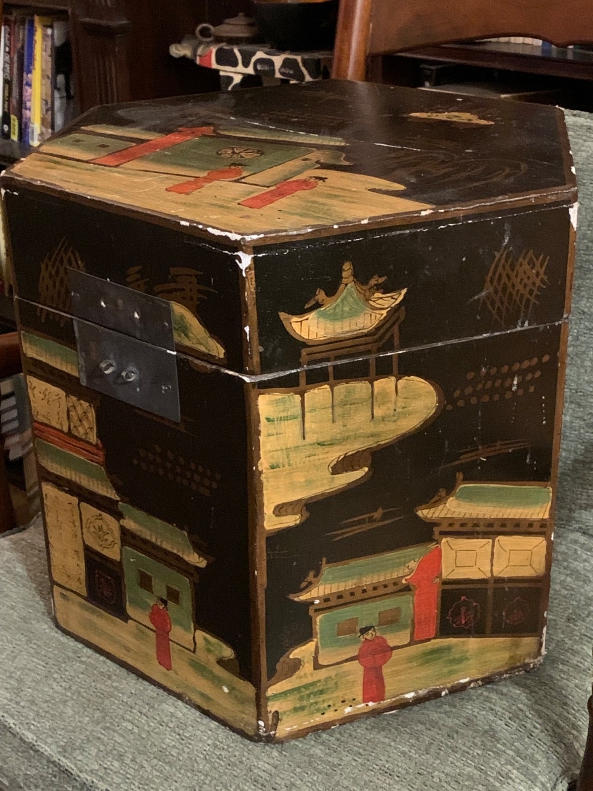 Antique CHINESE ELM STORAGE TRUNK Hand Painted Wood Storage Chest Hexagonal