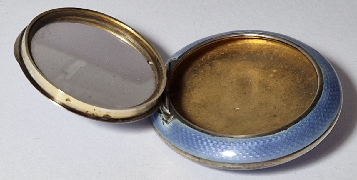 FRENCH SOLID SILVER VIOLET GUILLOCHE ENAMEL MIRROR POWDER COMPACT PENDANT