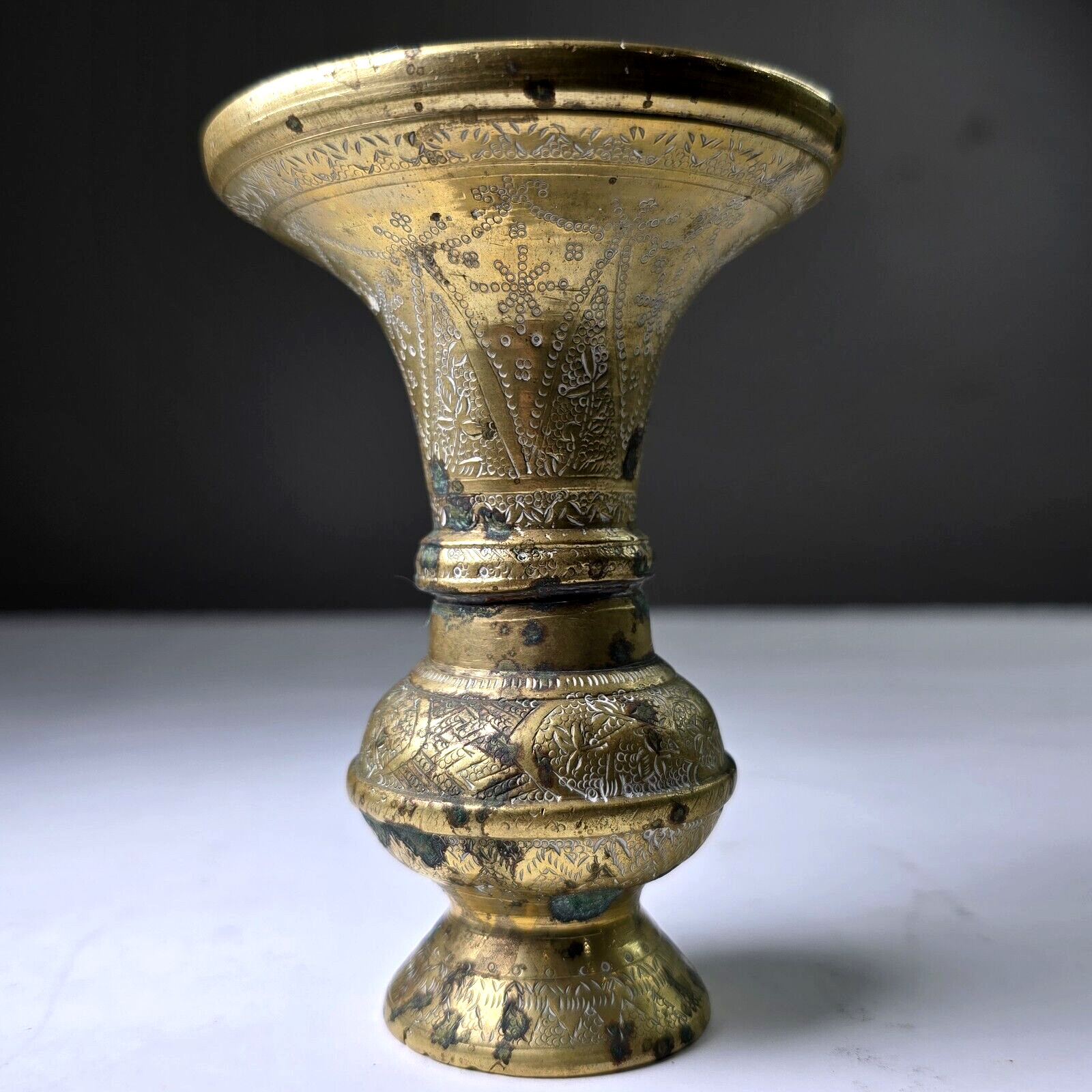 Antique Bronze Small Hand Carved Vase 4.5×3″ Green Patina Authentic Décor Solid