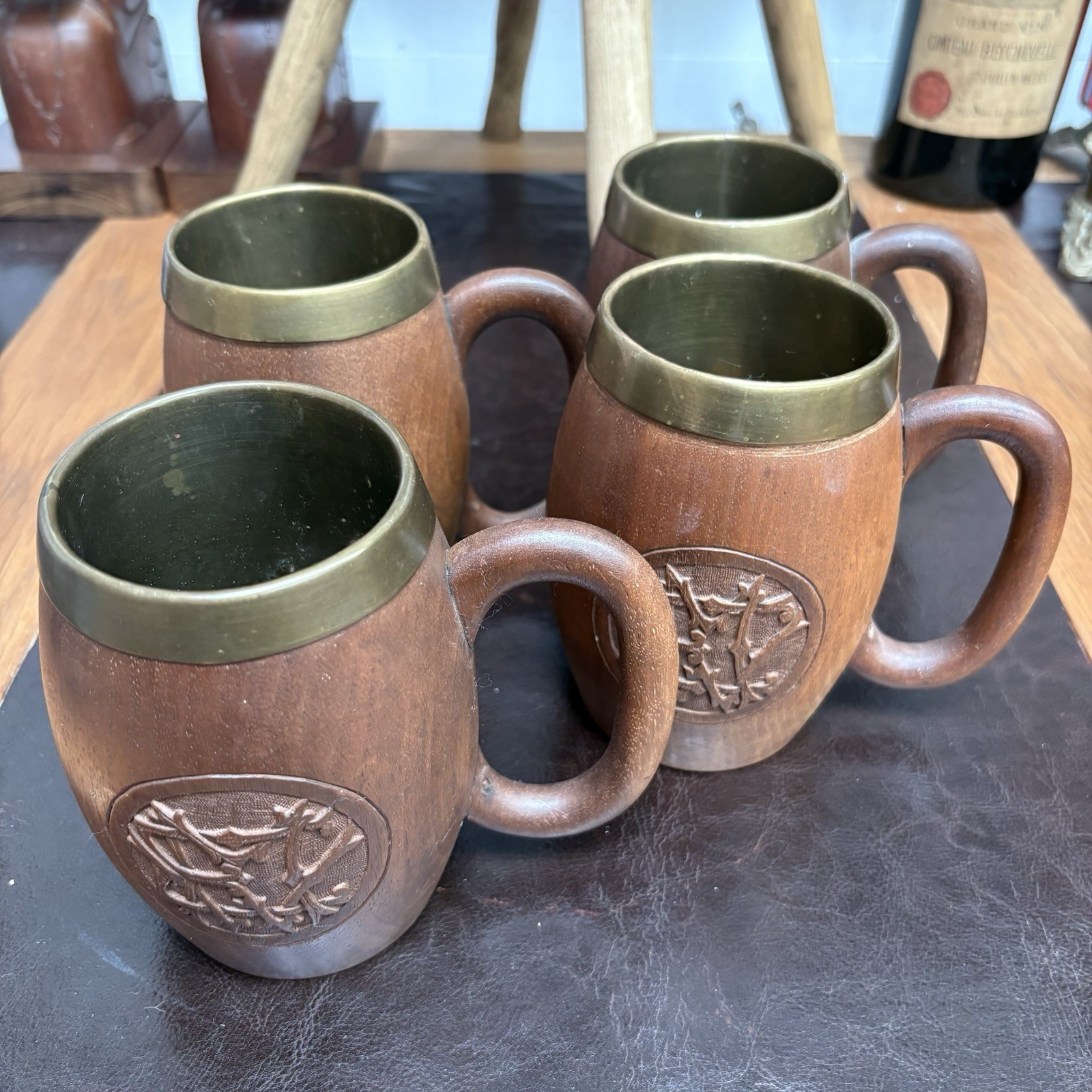 Antique Quality Carved Wood With Brass Metal Lining Tankard Treen Turned Walnut