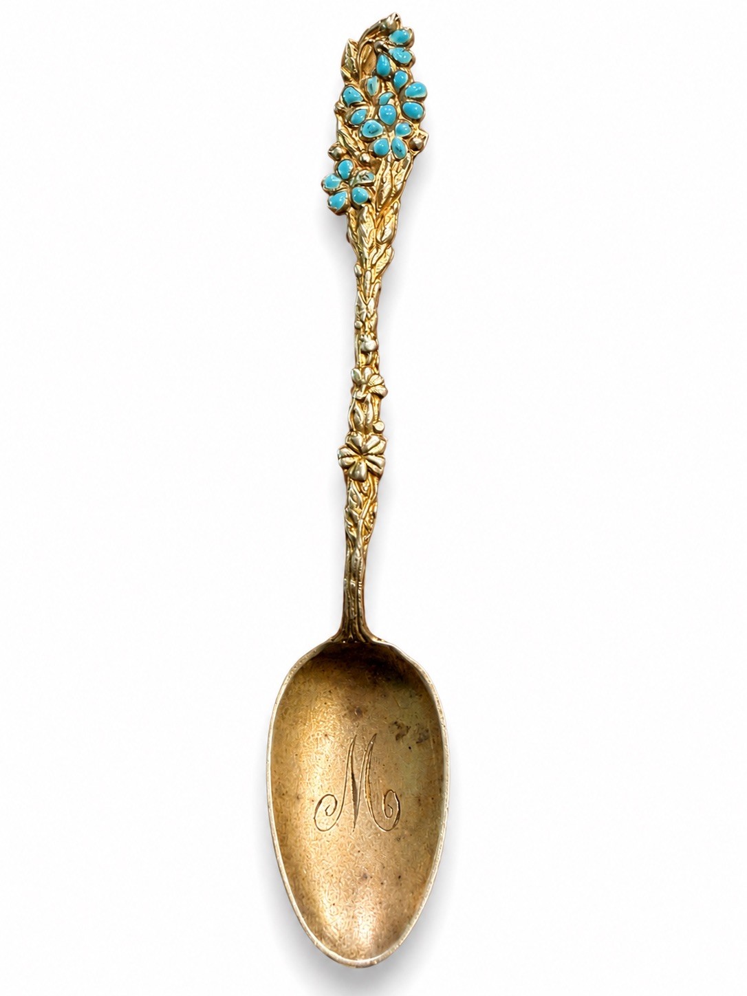 VICTORIAN RW&S Ornate Enamel and STERLING Silver Gold Colored Sugar Spoon 3.5”