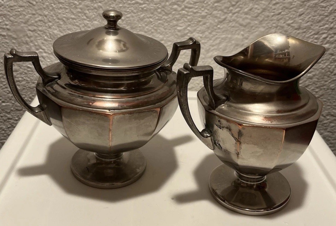 VTG MANNING BOWMAN Creamer & Sugar AMERICAN EMPIRE Silverplate over Copper USA