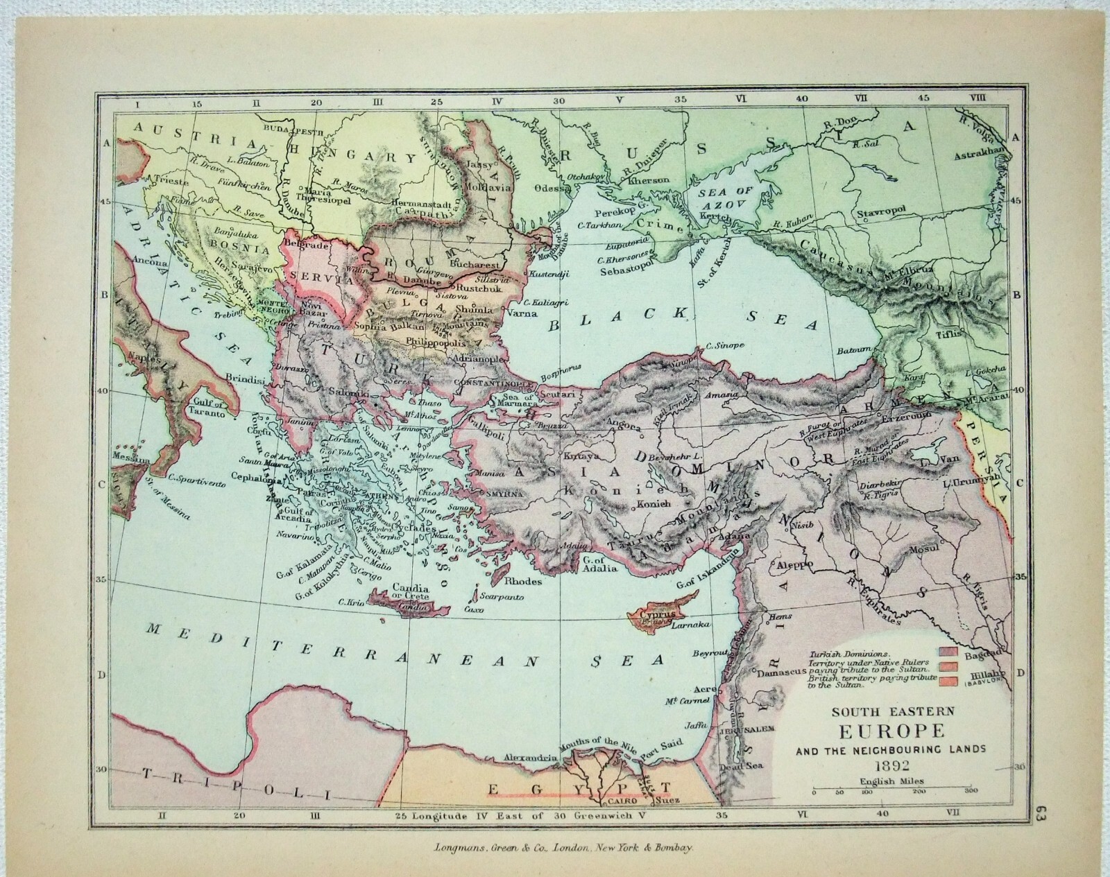 Vintage Longmans Map of Southeastern Europe and Asia Minor in 1892