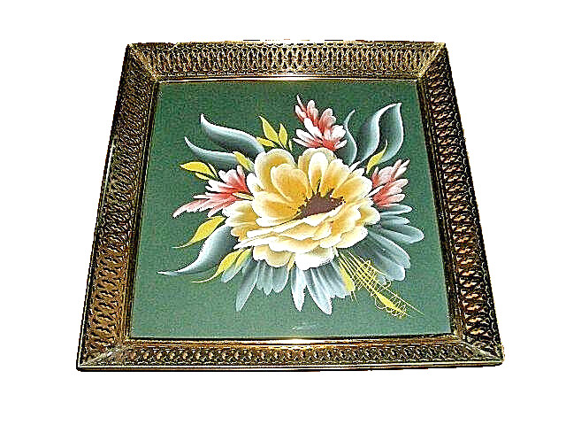 UNK.SIGNED MYSTERY ARTIST-FLORAL OIL PAINTING on BOARD-BRASS FRAME w/GLASS 11X11
