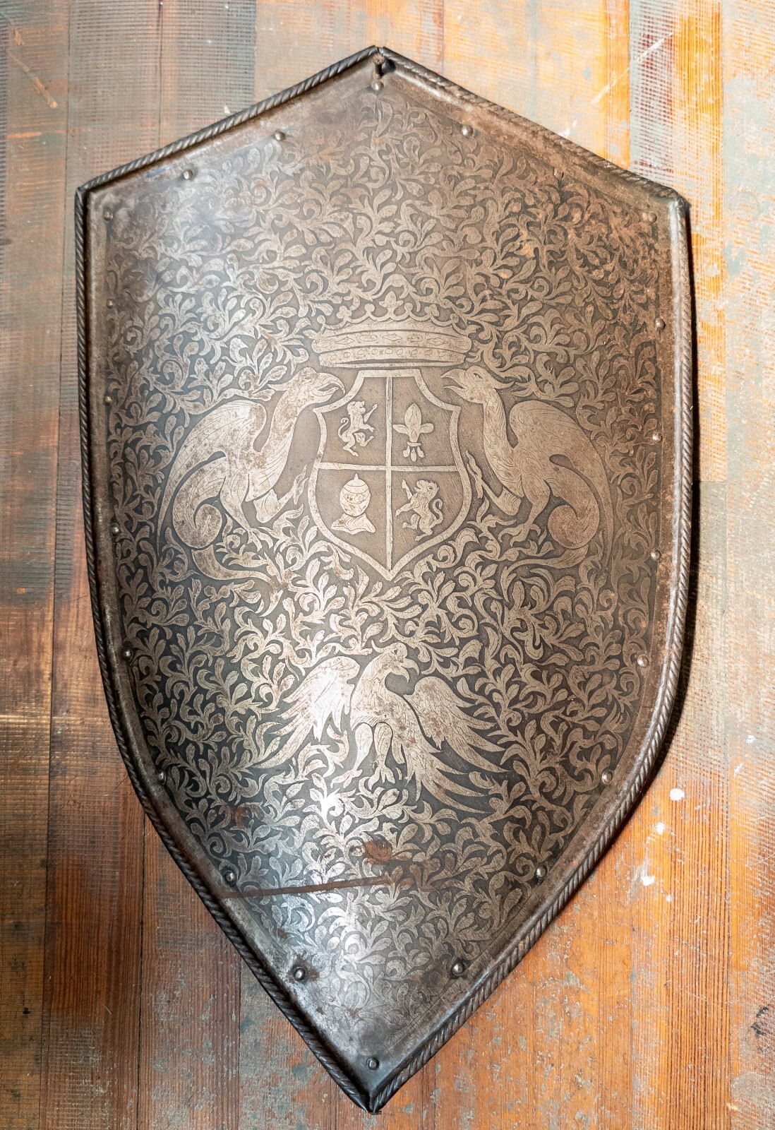 Antique 19th C. Renaissance Medieval Revival Etched Steel Heater Shield Eagles