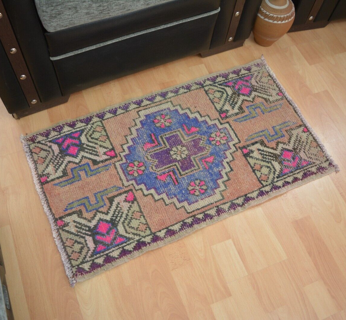 Pink Antique Turkish Hand Knotted Door Mat, 1.6×2.8ft, Oriental Vintage Rug,