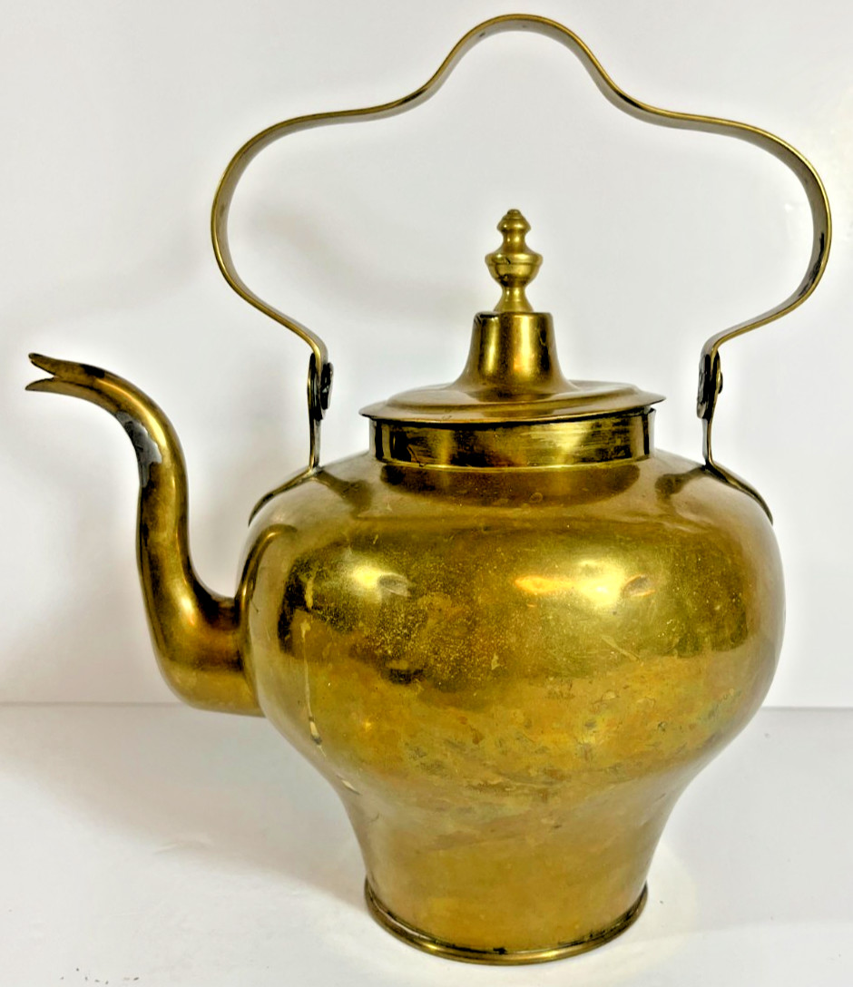 Antique European Brass Tea Kettle/ Teapot, Dutch Spout, Early Form, 18th c.
