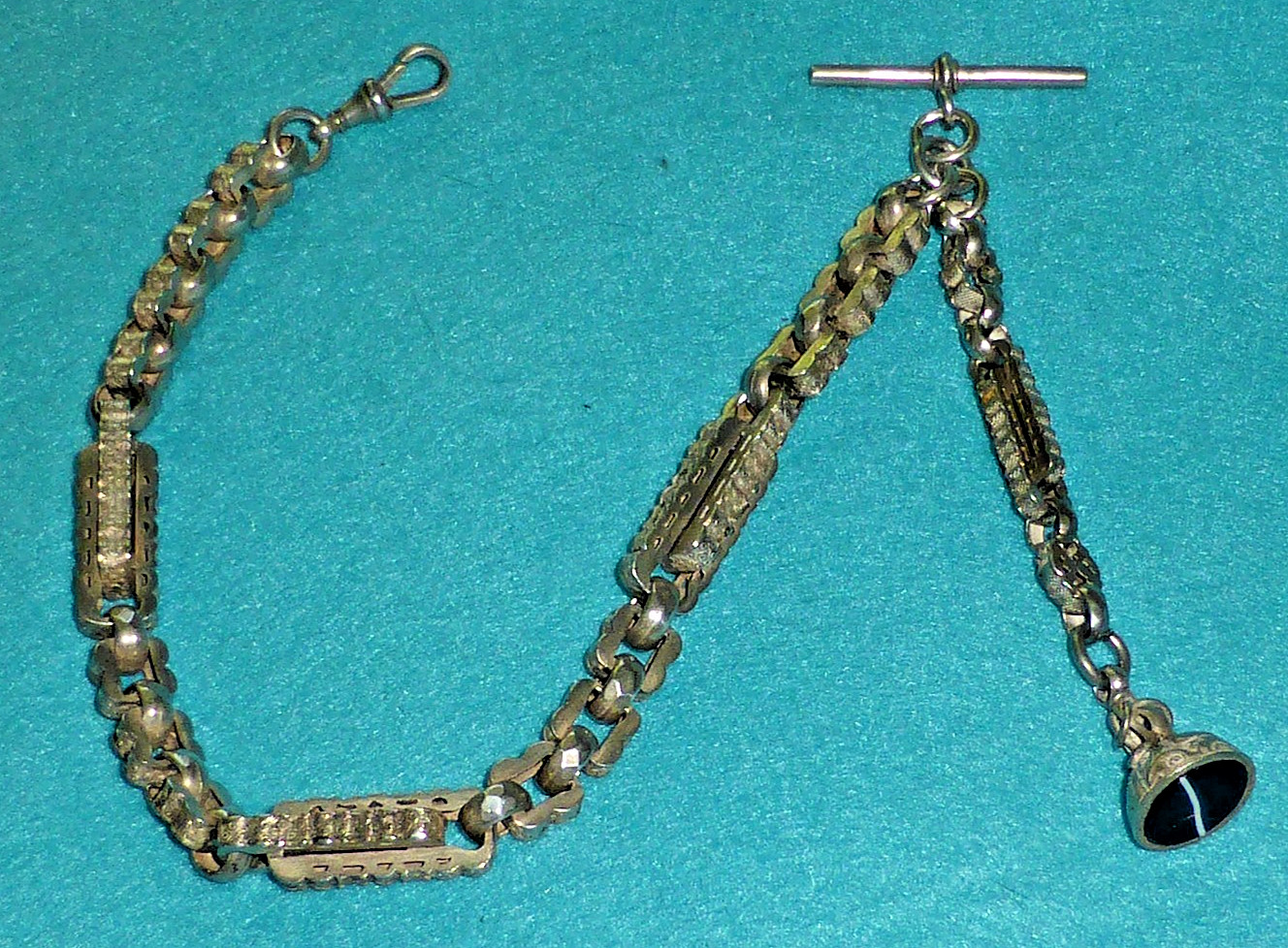 Stylish Antique Victorian Fetter Link Sterling Silver Albert Chain & Fob, 1891