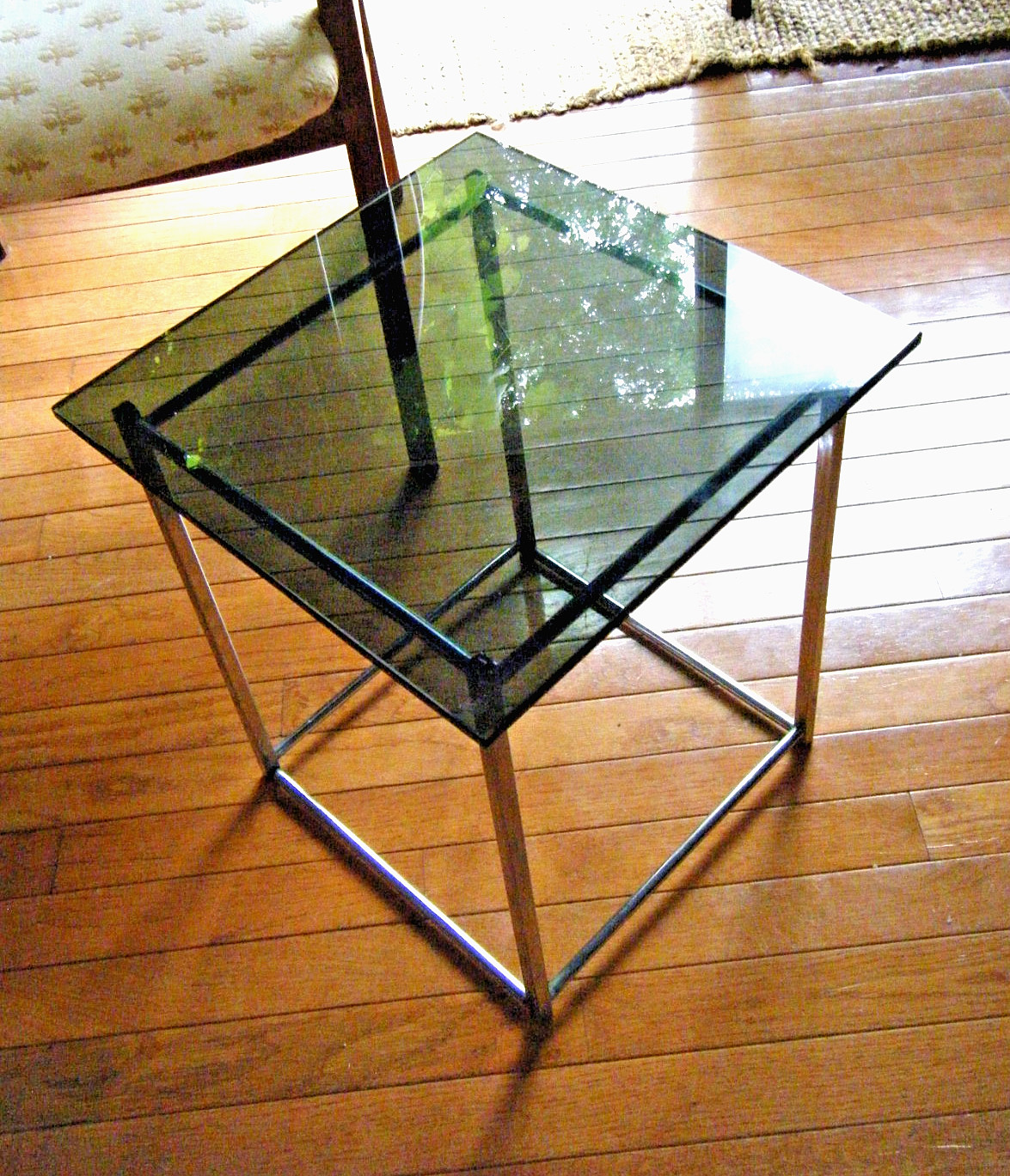 Vintage Mid Century Modern 70s Chrome Base & Smoked Glass Side End Table Stand