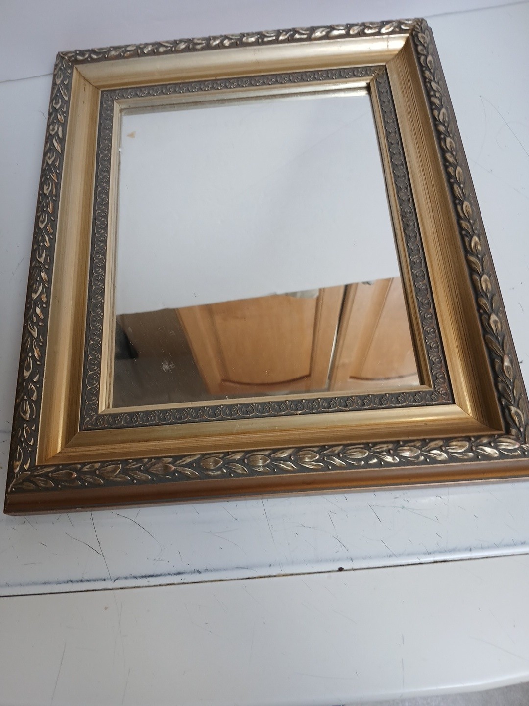 Vintage Beveled Mirror Wood Ornate Frame Baroque Goldtone Carved Leaf ~14″x12″