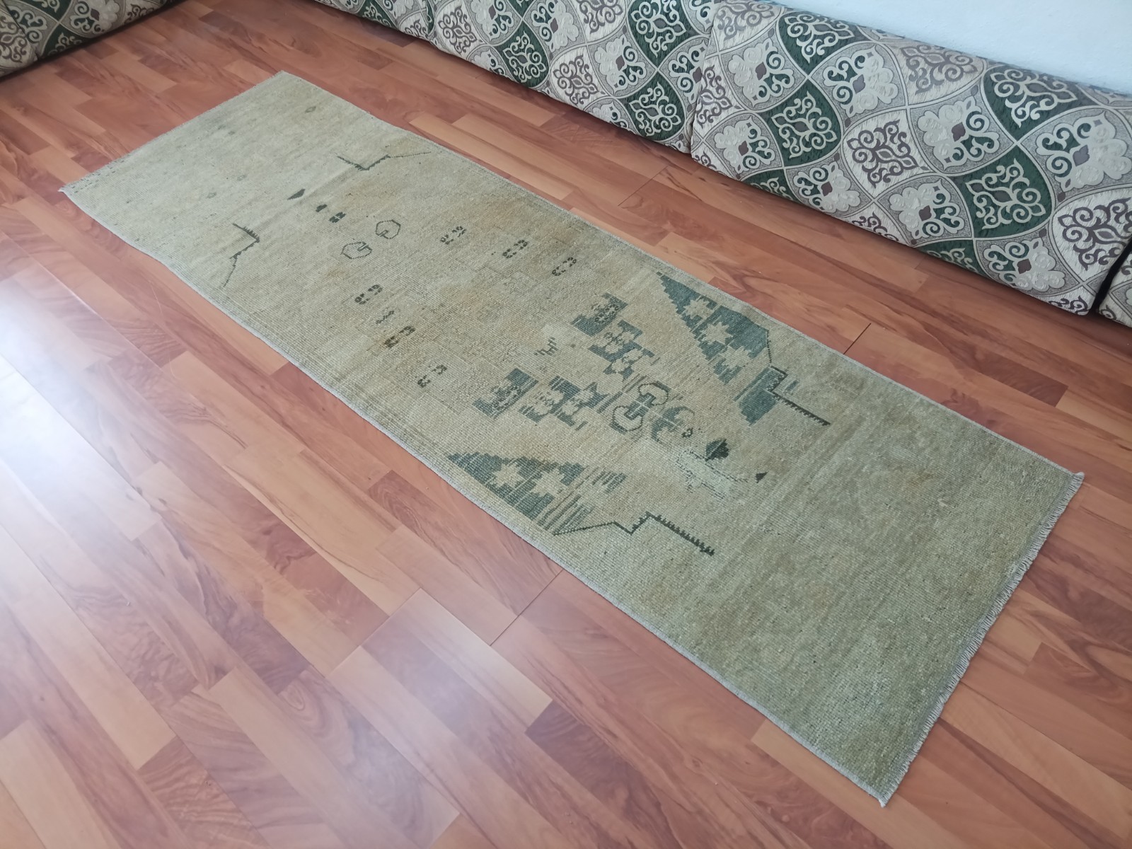 Beige Green Runner Geometric Rug Anatolian Oushak Faded Rug Handmade Rare Rug
