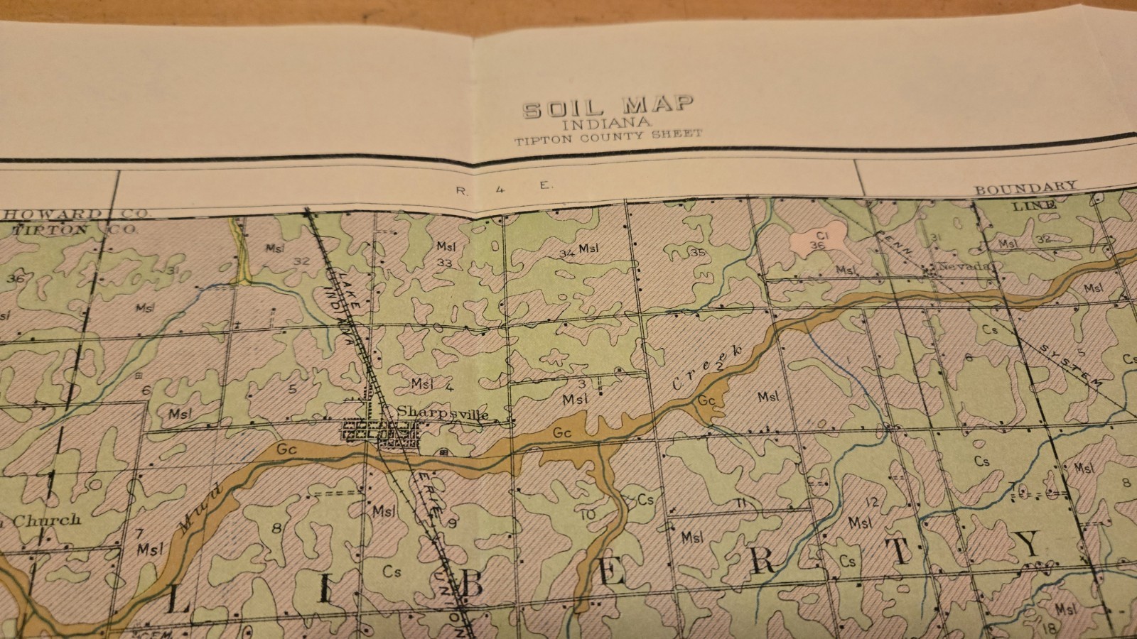 1912 Tipton County Indiana USDA Soil Map 17x 25″ Color Geology Mt Lebanon Church