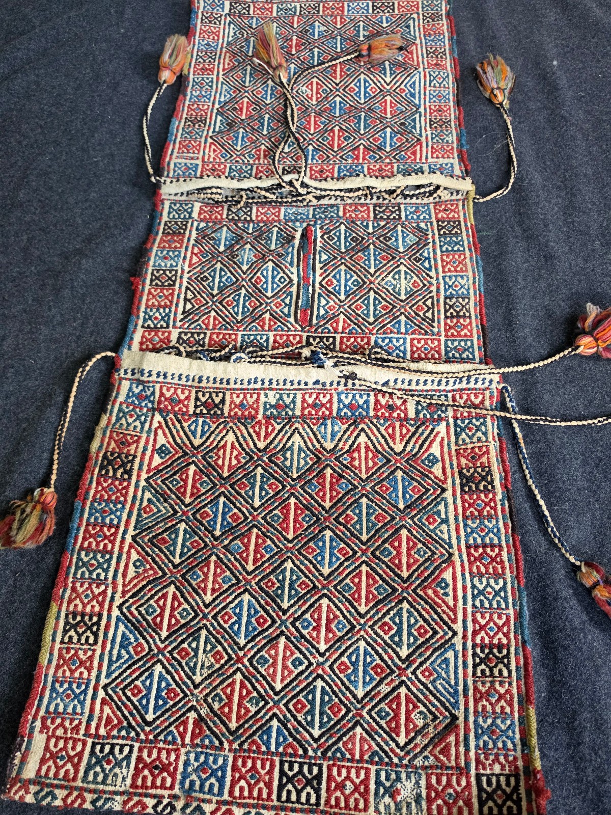 Antique Tribal Kilim Turkish Double Saddle Bag Rug Tassels- 41 x 15.75