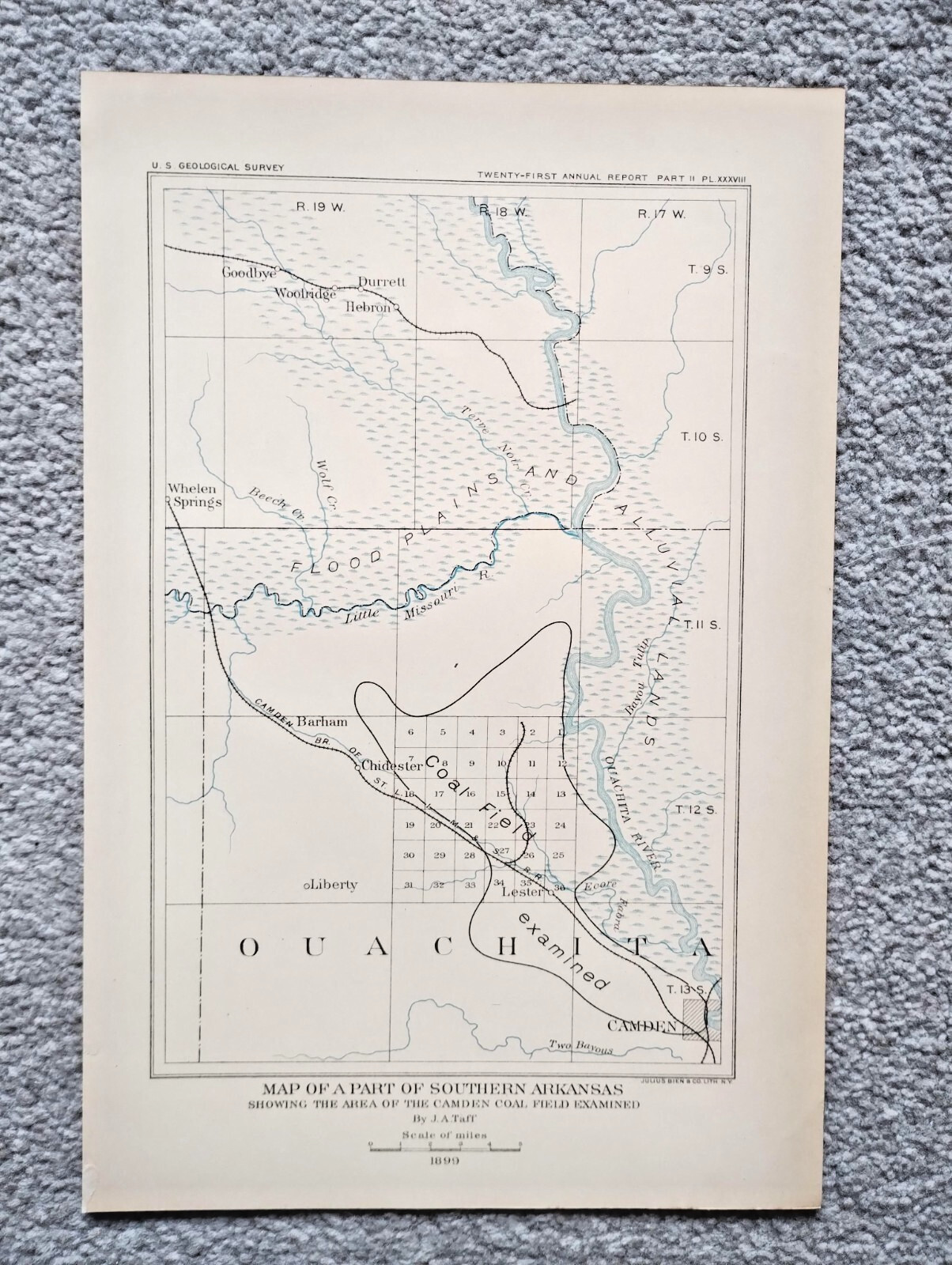 1906 Antique Map of Southern Arkansas showing Camden Coal Field – United States