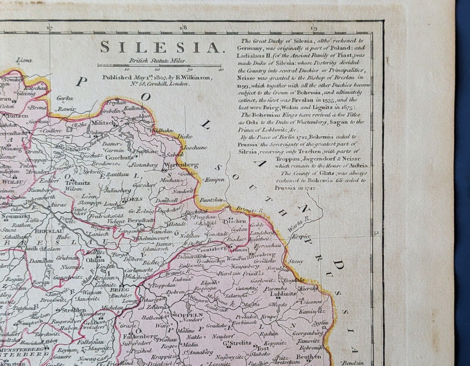 1807 Silesia Map Robert Wilkinson Hand Colored Antique Poland Prussia Germany