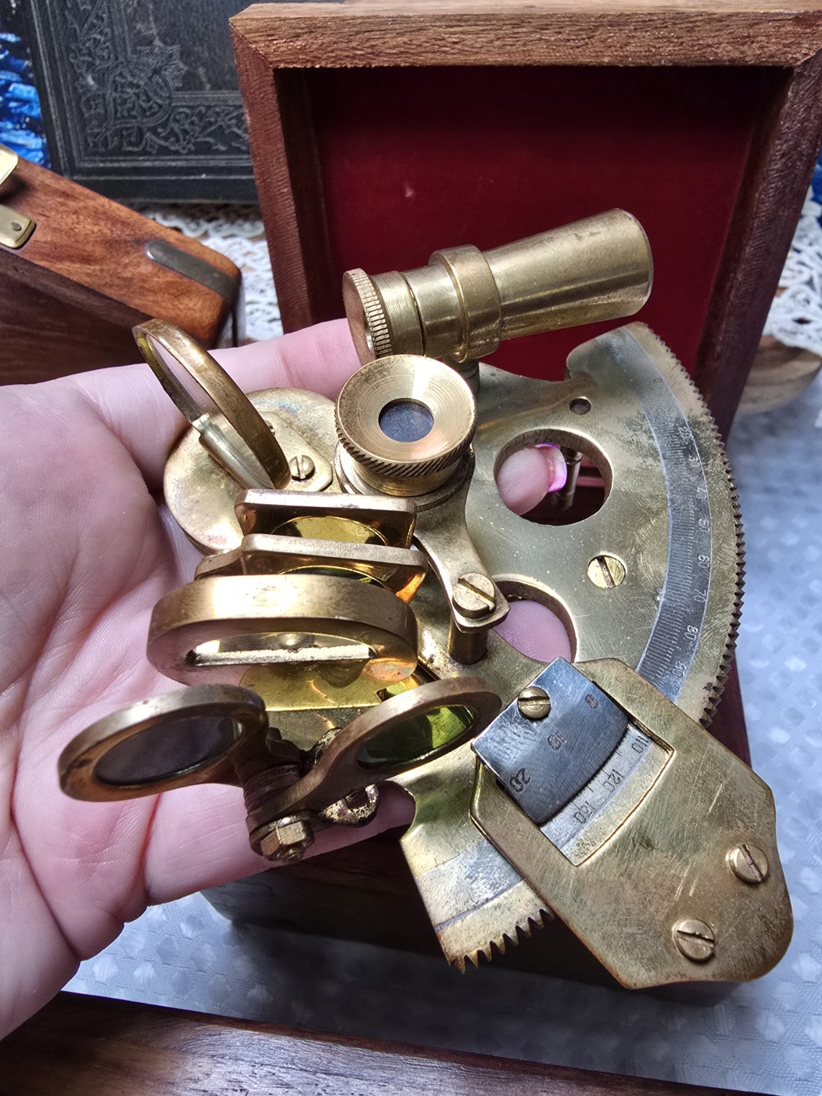 Vintage Explorer/Nautical Set w/ Telescope, Compass & Sextant with Wooden boxes
