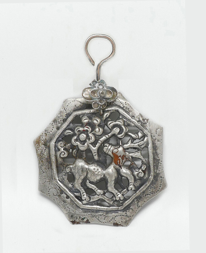 Antique Chinese Octagon Sterling Silver Pendant