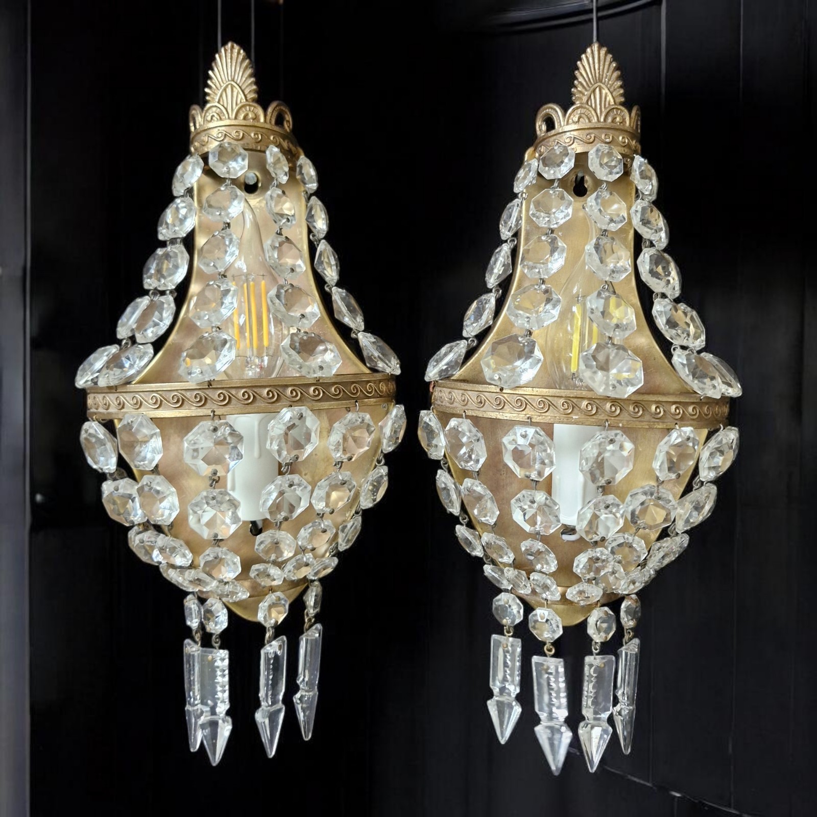 Vintage Antique Pair French Empire Brass Crystal 1 Light Sconces Wall Lights