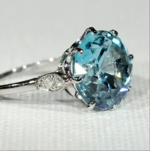 3Ct Round Aquamarine Diamond Solitaire Engagement Ring 14k White Gold Finish