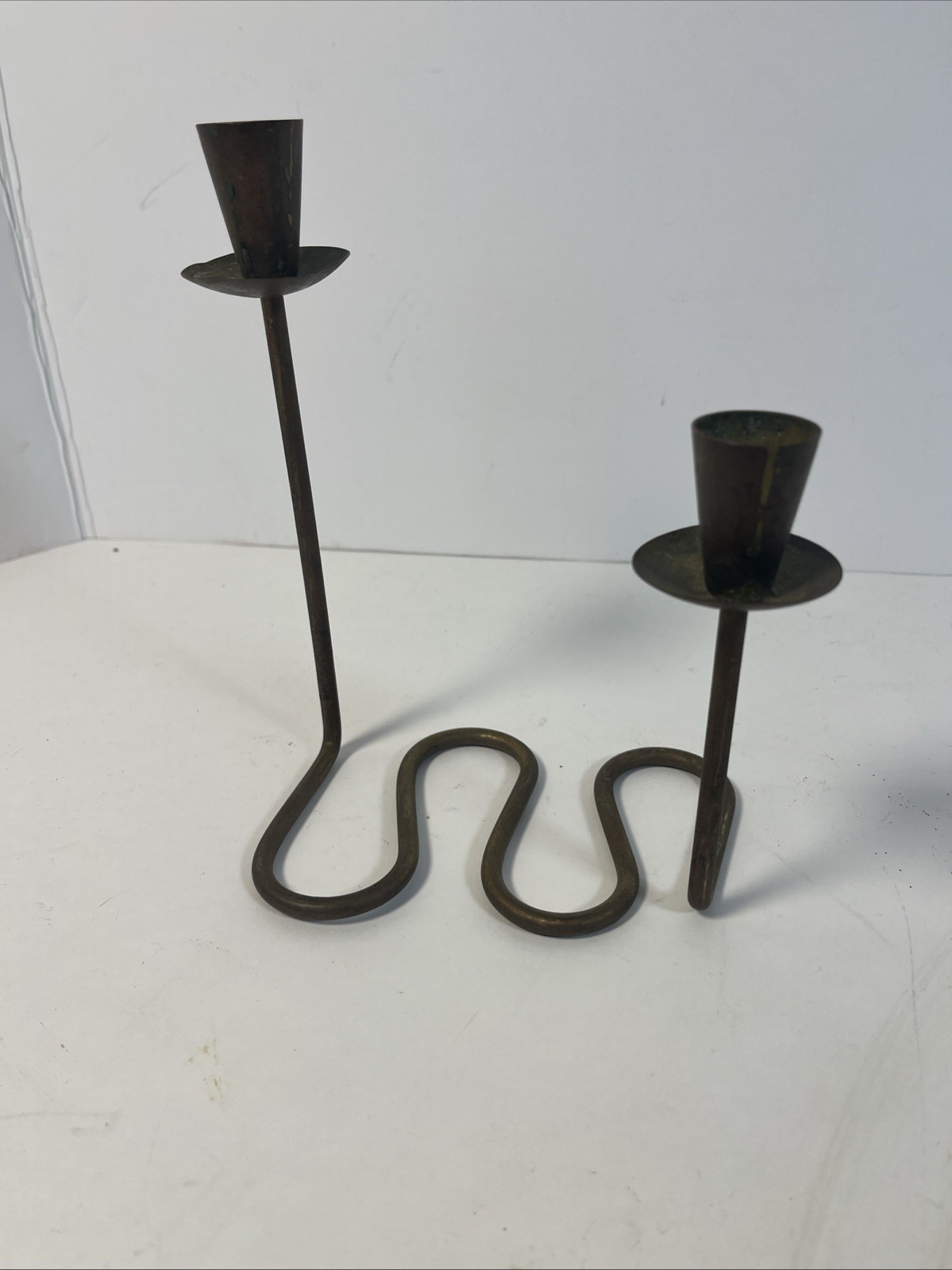 Antique Primitive Vintage Double Candle Holder Brass And Copper Made In Italy