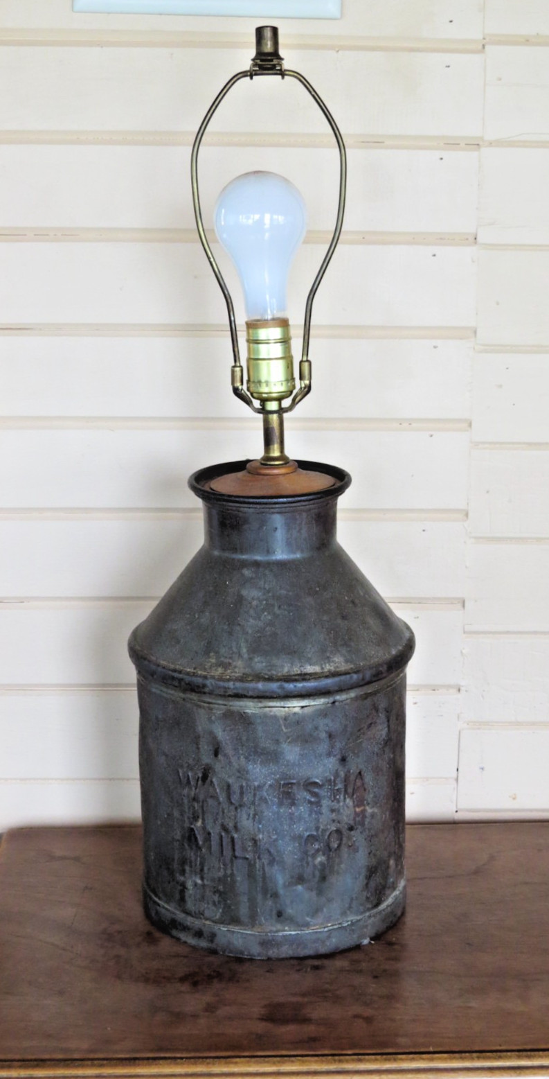 PRIMITIVE Early Waukesha Milk Co. Tin Milk Can Made into A Table Lamp