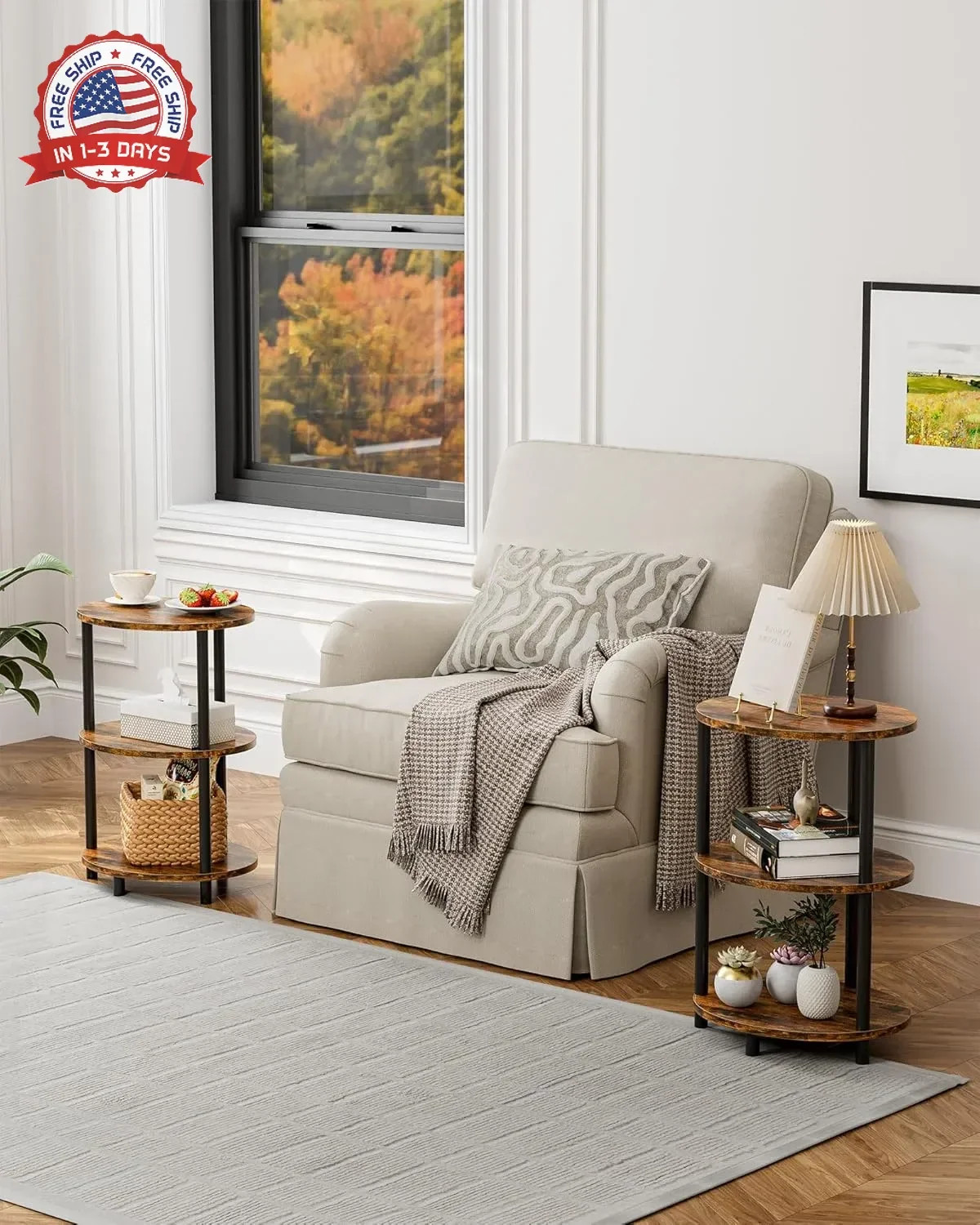 Round Small Side Table – 3 Tier Oval Accent Table for Small Spaces, Rustic Wood